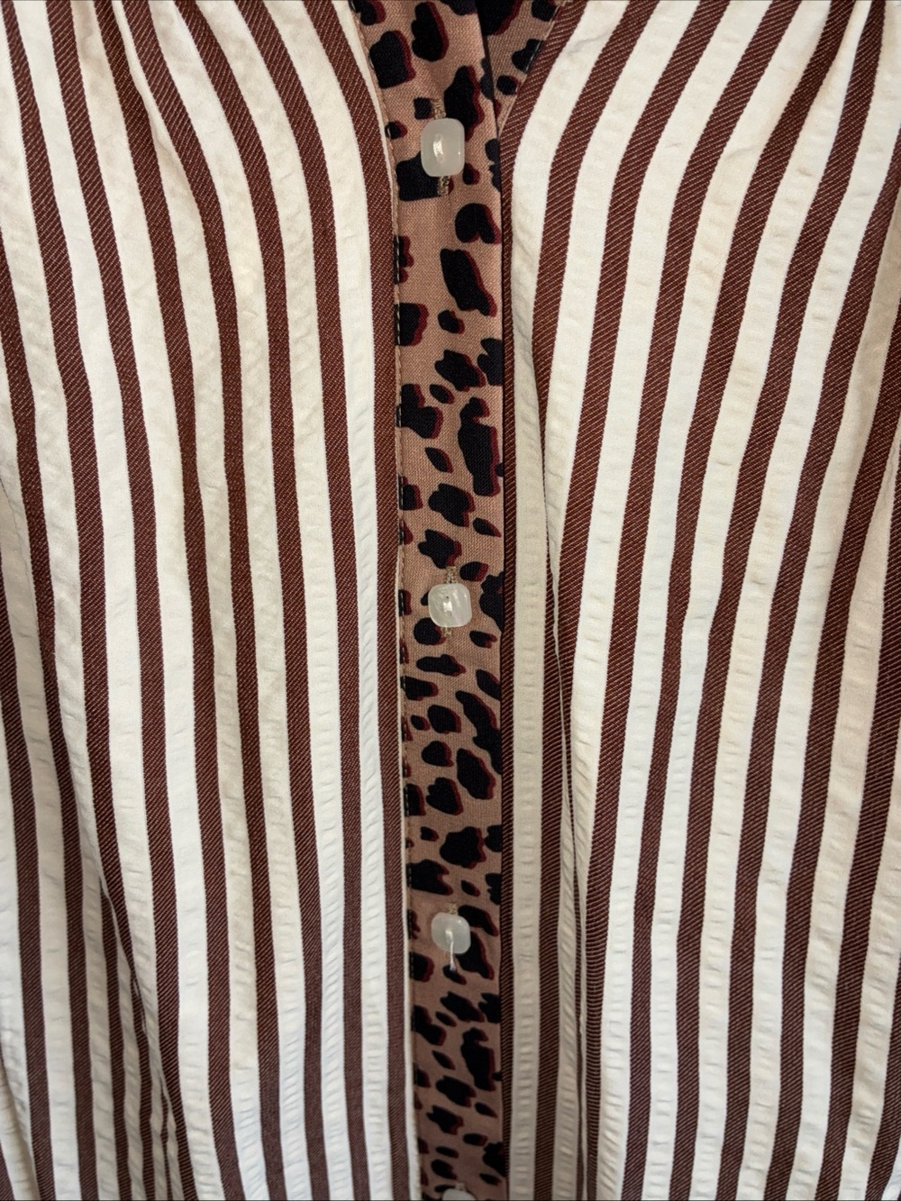 Striped Brown and White Button-Front Women’s Dress with Leopard Trim - Picture 2 of 8